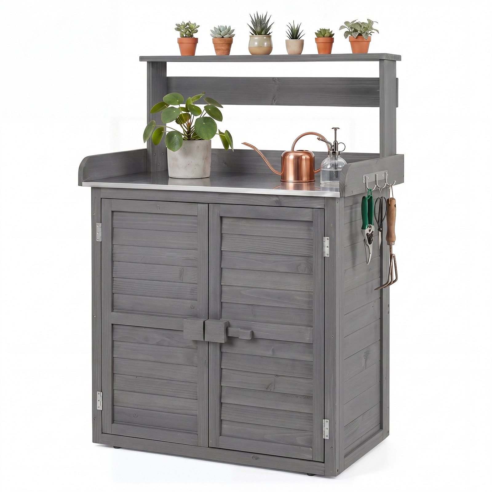 Garden Potting Bench Table, Wood Plant Workstation with Stainless Steel Tabletop