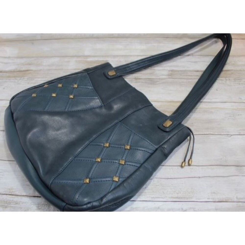 Stone Mountain Dark Teal Leather Studded Shoulder & Zipper Closure
