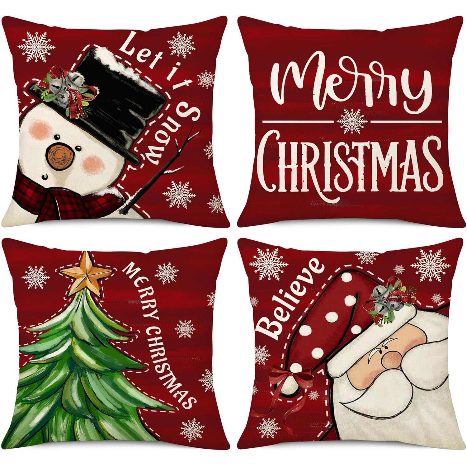 Merry Christmas Decorations Snowman Santa Snowflakes Pillow Covers 4PCS 18x18"