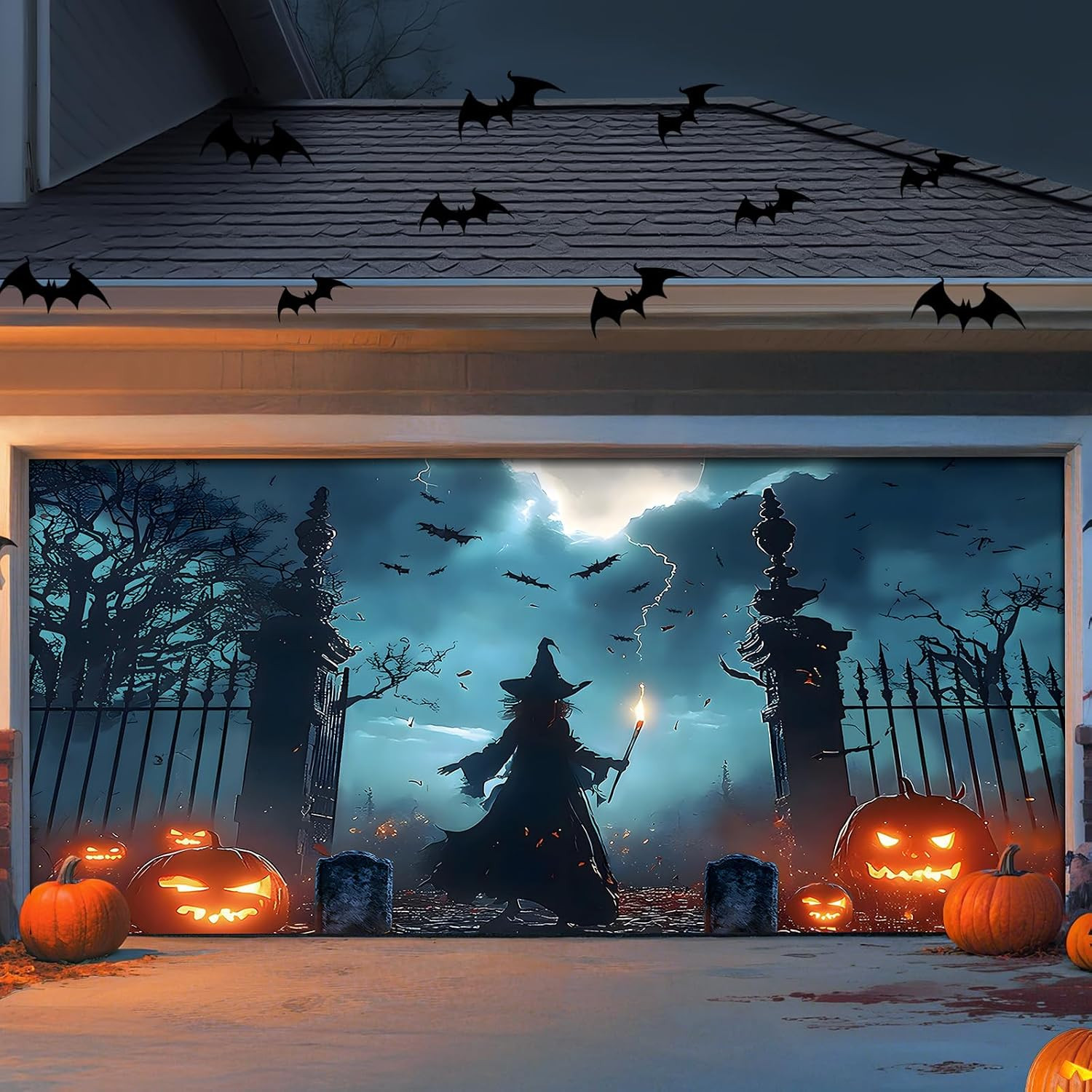 Spooky Garage Door Cover 7 x 16 Ft Halloween Banner With Cord Magnetic Hooks