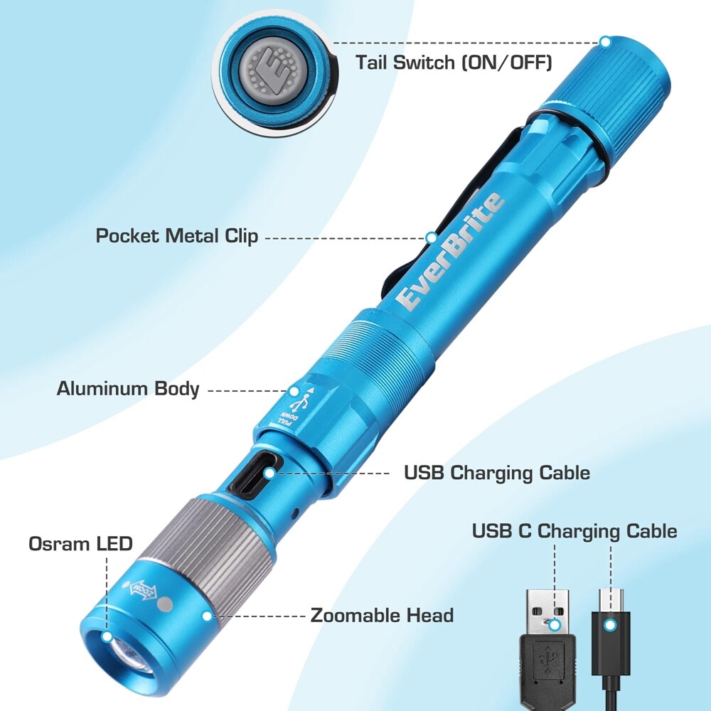 EverBrite Pen Light Rechargeable LED Pen Flashlight 300LM Zoomable w/USB-C Cable