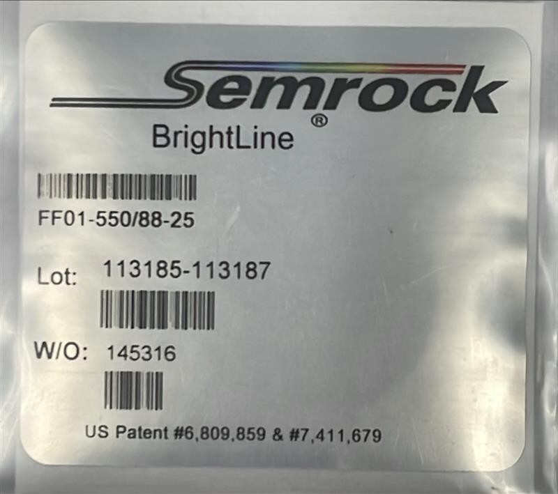 New SEMROCK FF01-550/88-25 BrightLine BANDPASS FILTER Single-Band IDEX FL-003868