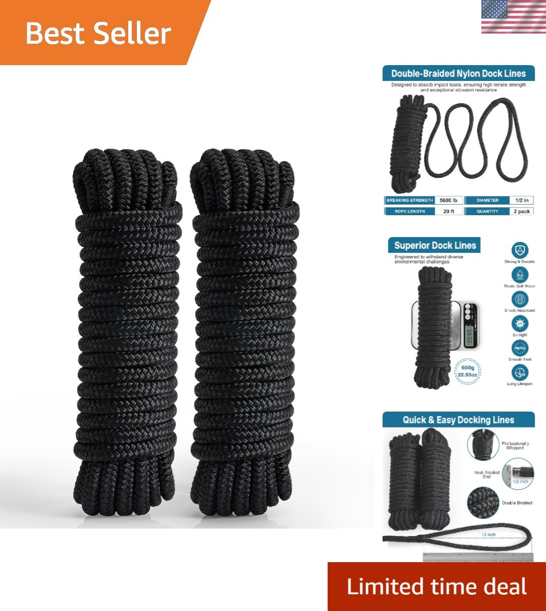 2 Pack 1/2" x 20' Boat Dock Lines for Boat & Pontoon,  Marine- Grade Double B...