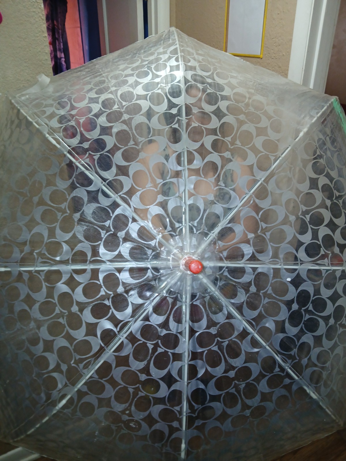 Large Coach Monogram Clear See Through w/ Lucite Handle Umbrella Rain Paris VTG