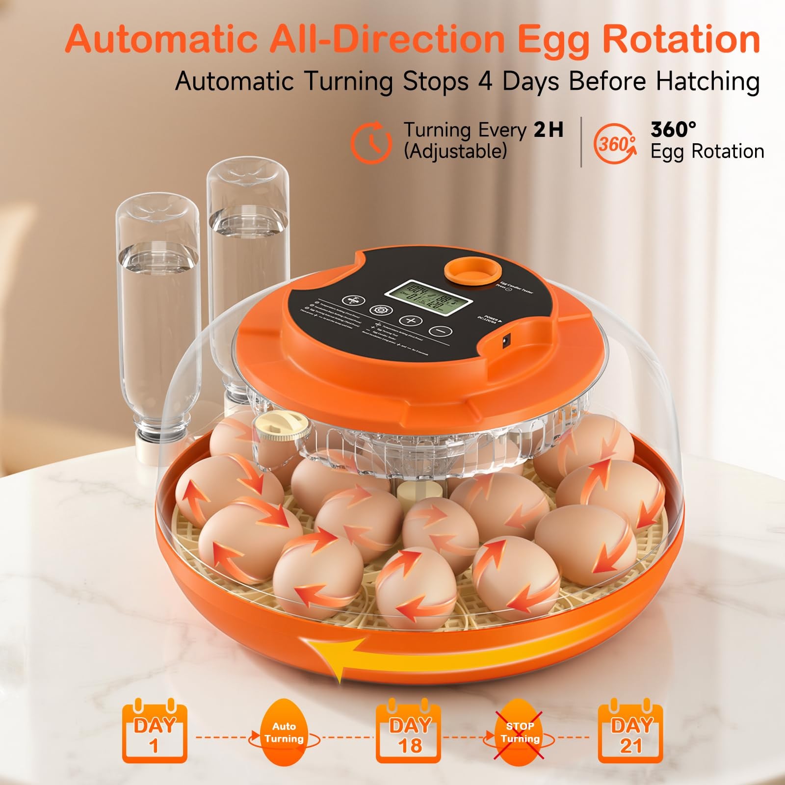 18 Egg Incubators for Hatching Eggs, Automatic Turning and 18H, Orange