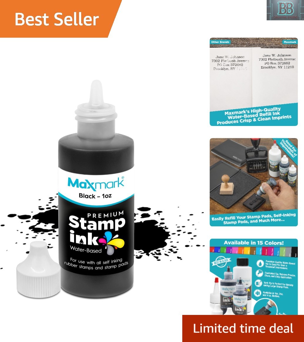 Refill Ink with Control Tip Bottle for Self-Inking Stamps, Black Color - 1 oz.