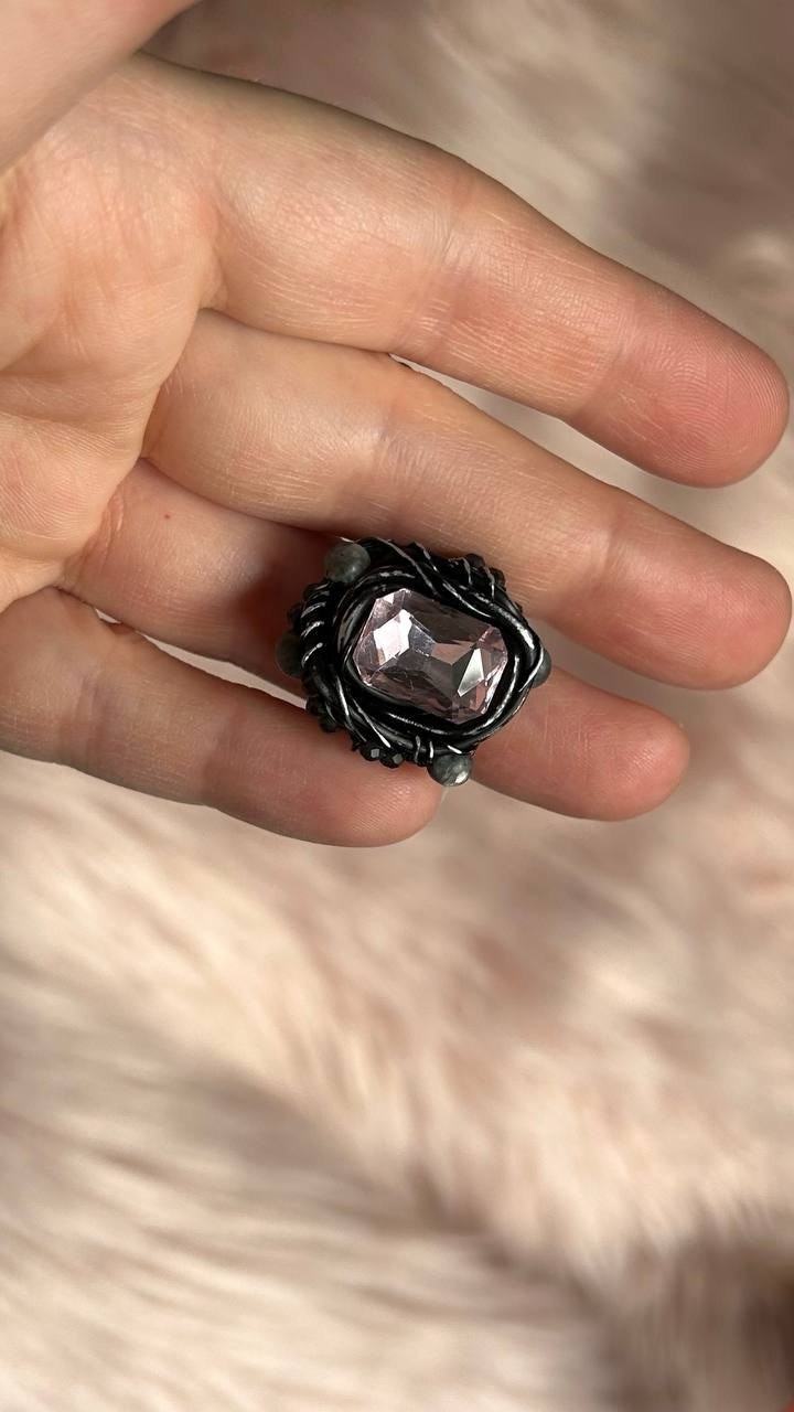 Handcrafted Statement Ring Black Wire Wrapped size 8
