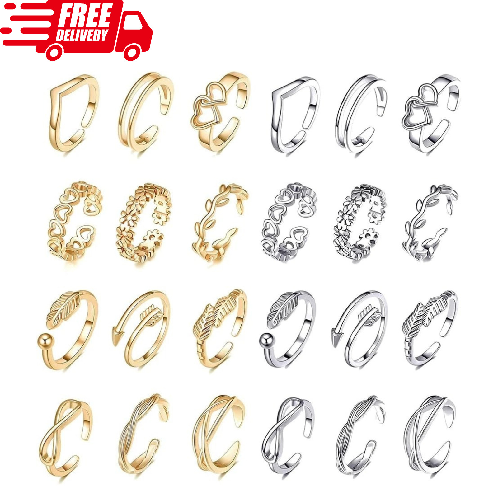 24Pcs Open Toe Rings Set for Women Adjustable Band Knuckle Ring Arrow...