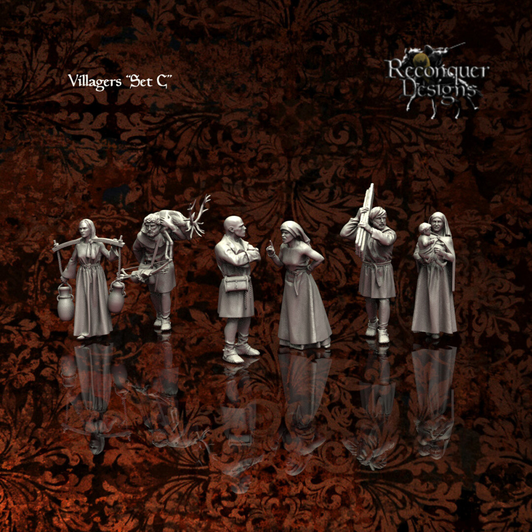 Reconquer Designs Miniatures Medieval Villagers Set C Civilians Townsfolk 28mm +