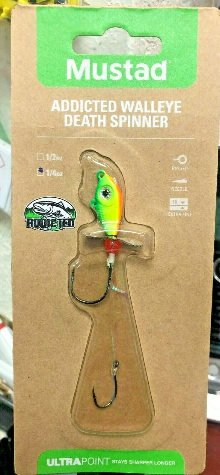Walleye Death Spinner, Mustart Addicted, 1/4 oz., Ultra-Point, Shad Head, 14FT1