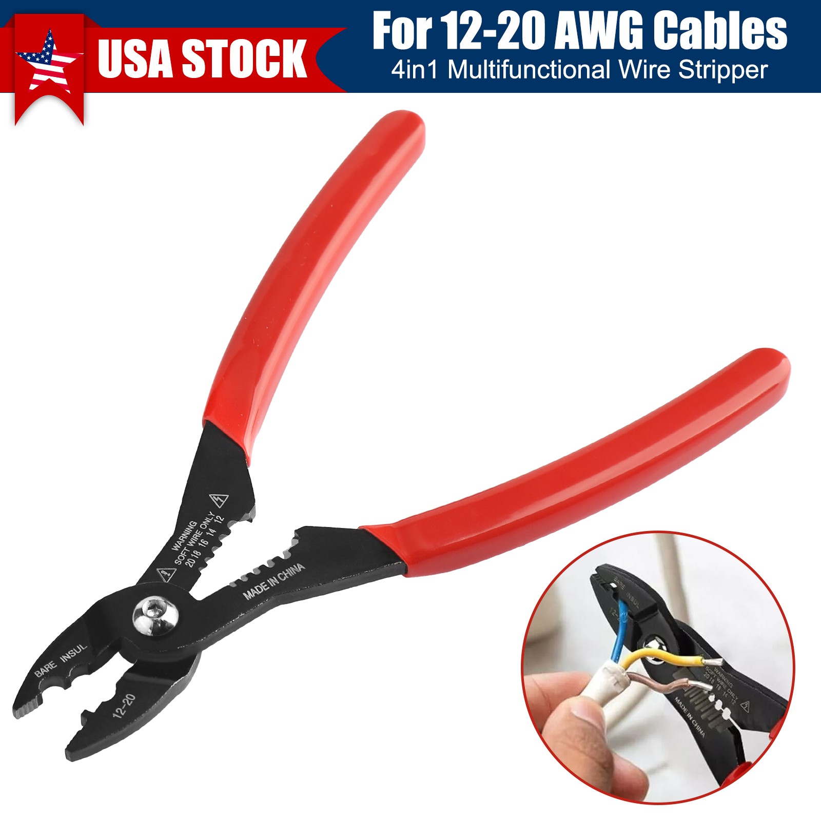 7" 4-in-1 Wire Tool - Cutter Crimper Gripper Stripper for 12-20 AWG Insulated
