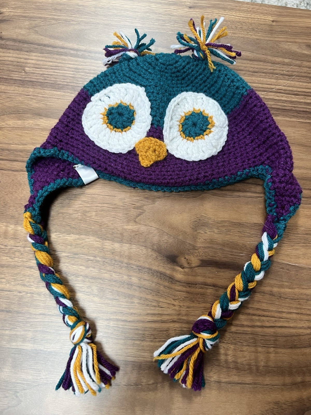 Die Spinne Handmade Crochet Owl Hat Purple Teal Gold Braided Ear warmers Tassels