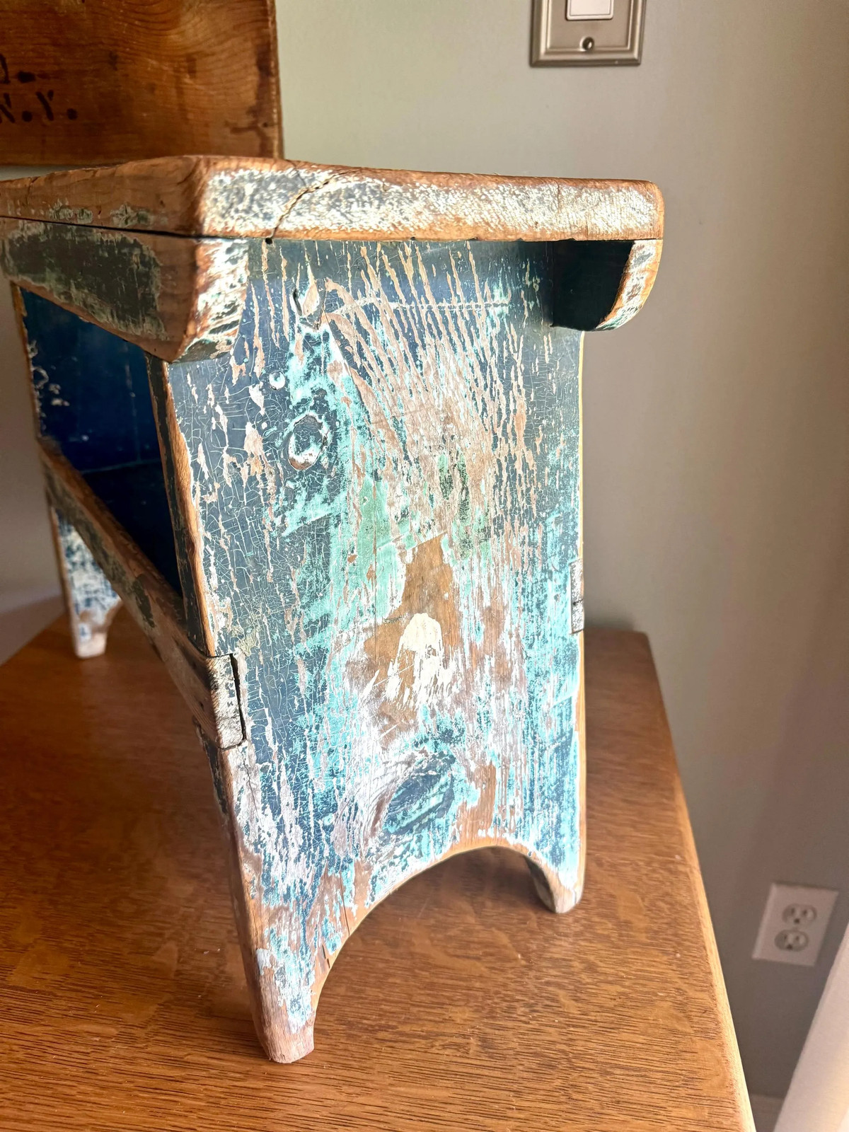 Antique Wooden Stool with Distressed Paint | Distressed Blue Primitive Stool