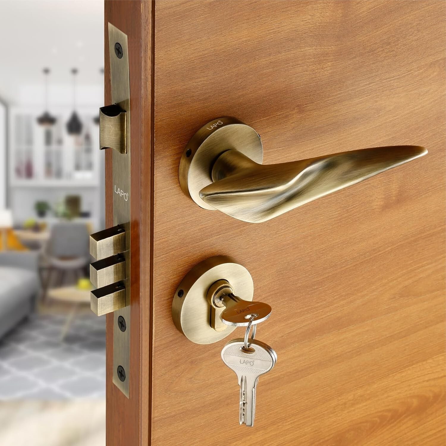 Antique Finish Mortise Main Door Lock Handle Set With 3 Brass Key. Set of 1.