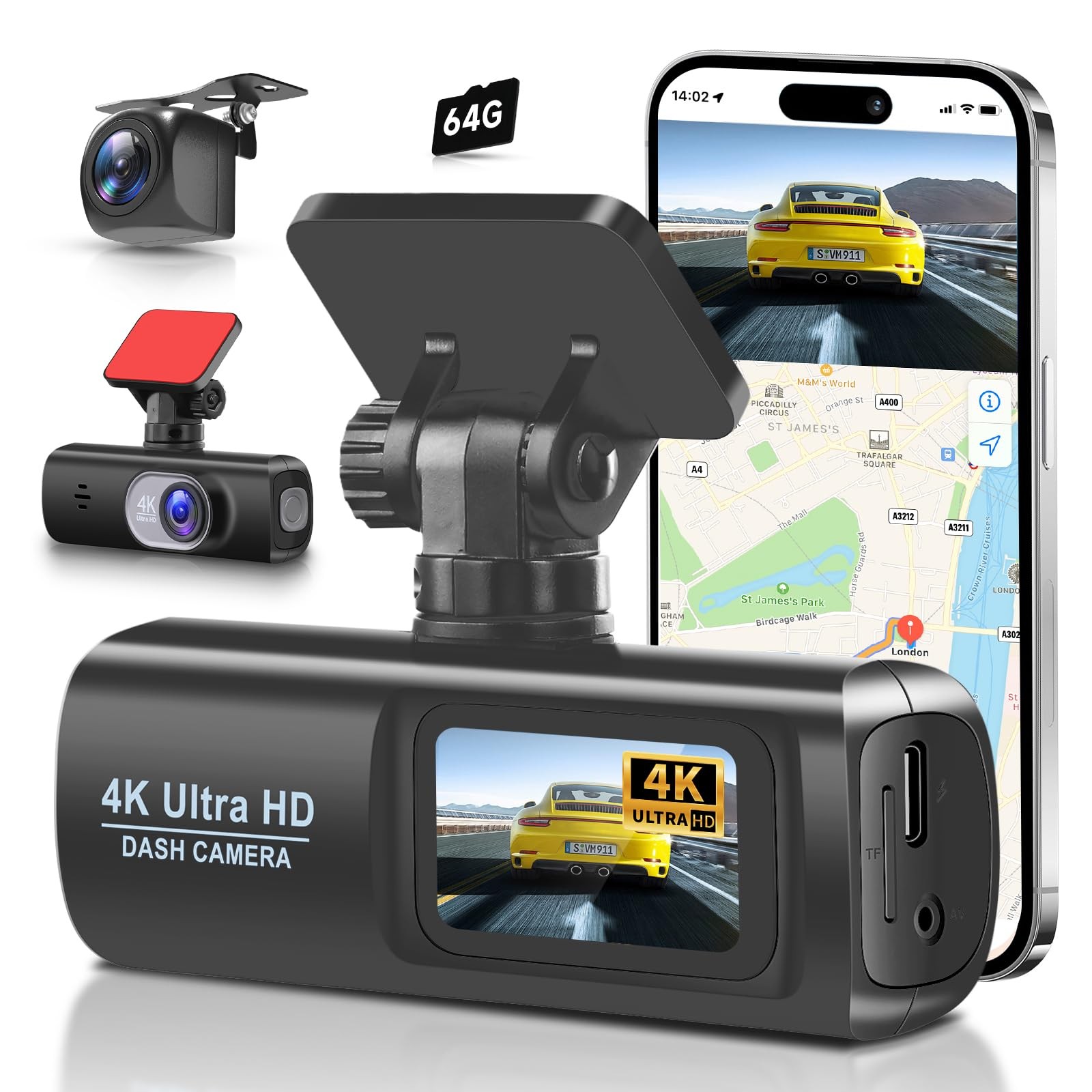 Dash Cam 4K Front and Rear Full HD Dash Camera for Cars, Included 64GB Card, ...