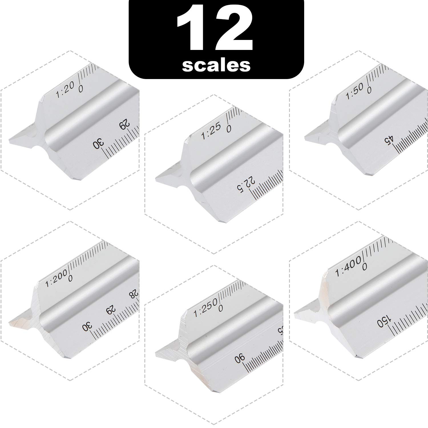 6 Pcs Triangular Ruler Set 12 Inch Engineering Scale Aluminum Silver