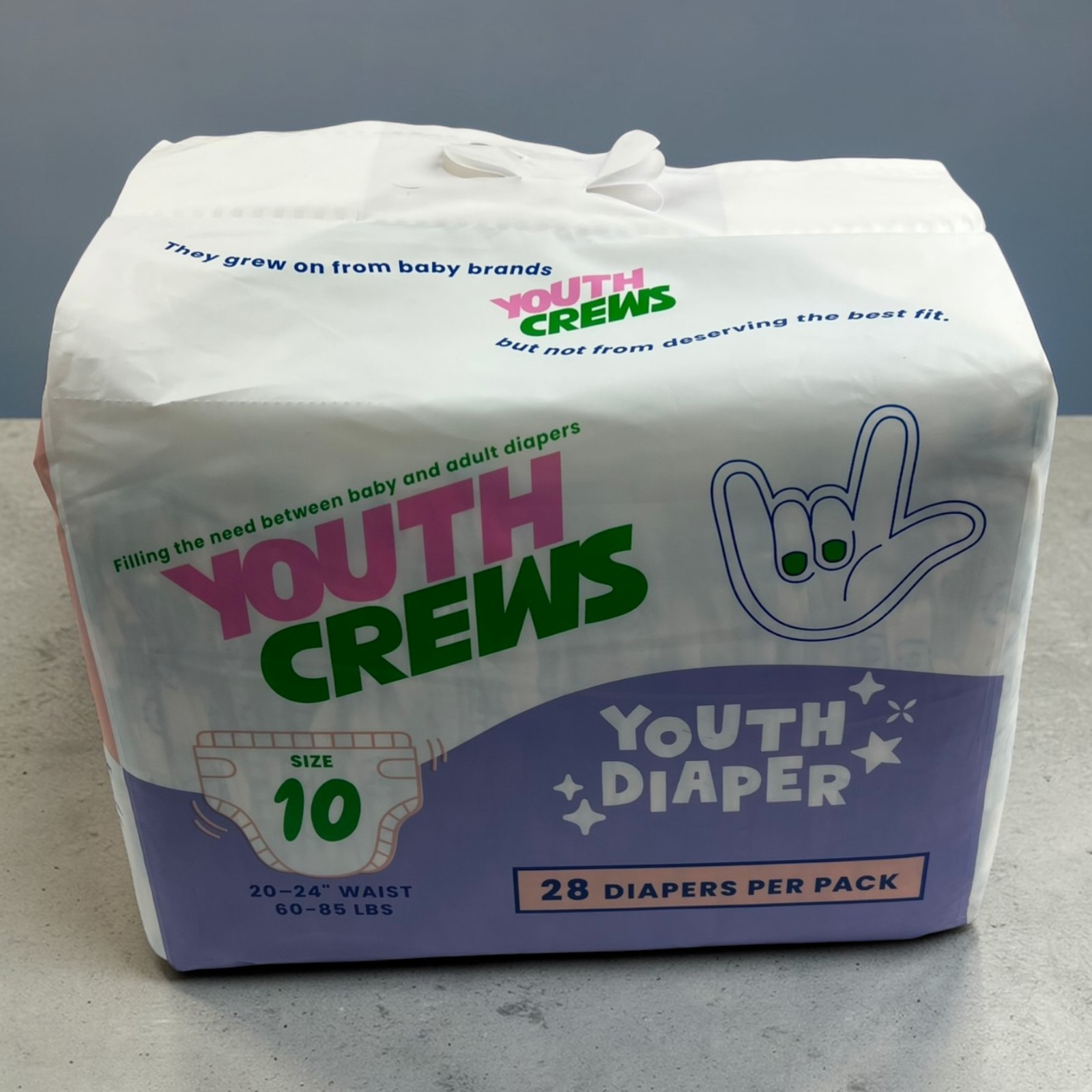 Youth Crews Youth Diapers Size 10 28ct 60–85 lbs 20–24" Waist
