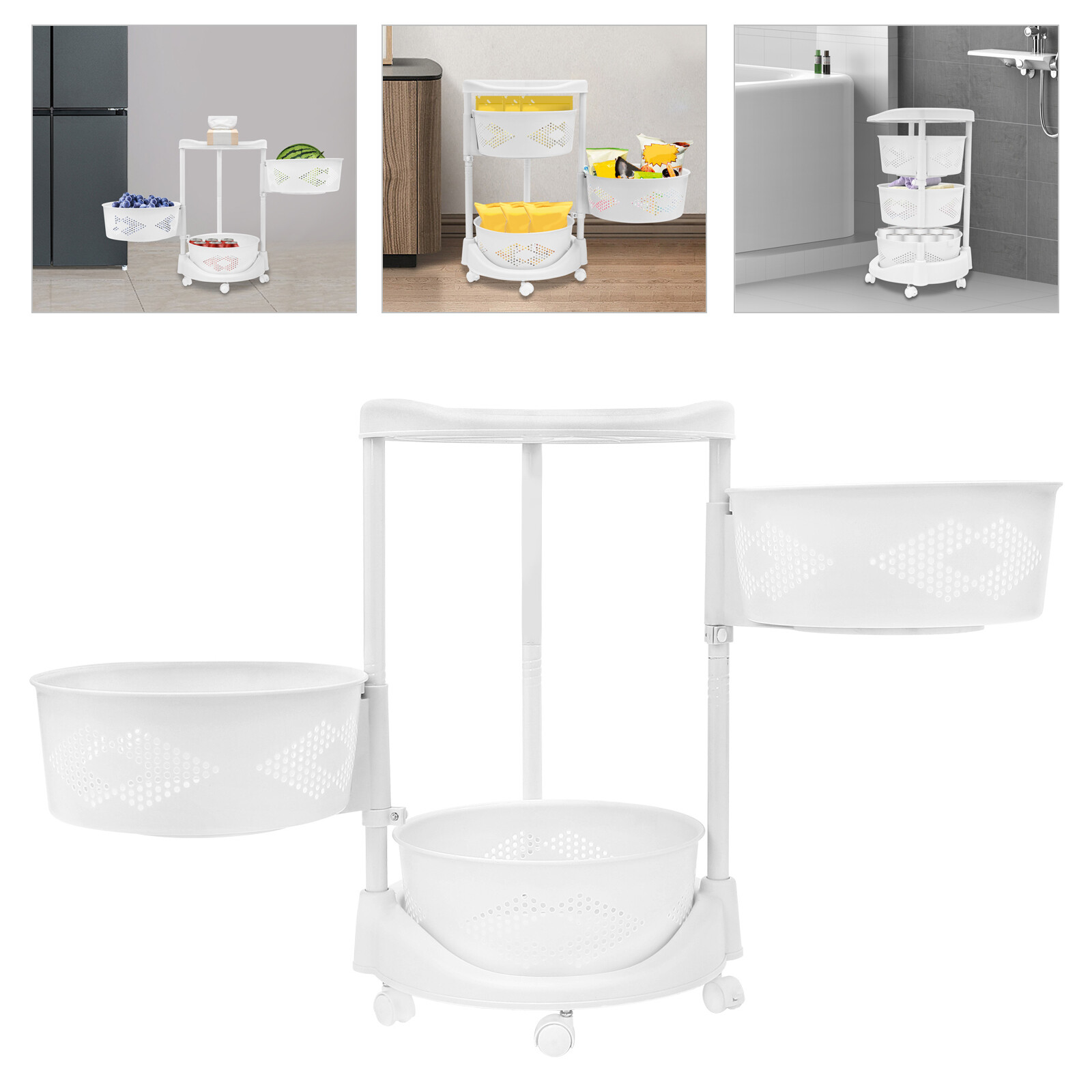 Kitchen Storage Cart Rotating Basket Rack Vegetable Fruit Holder 3 Layer Shelves