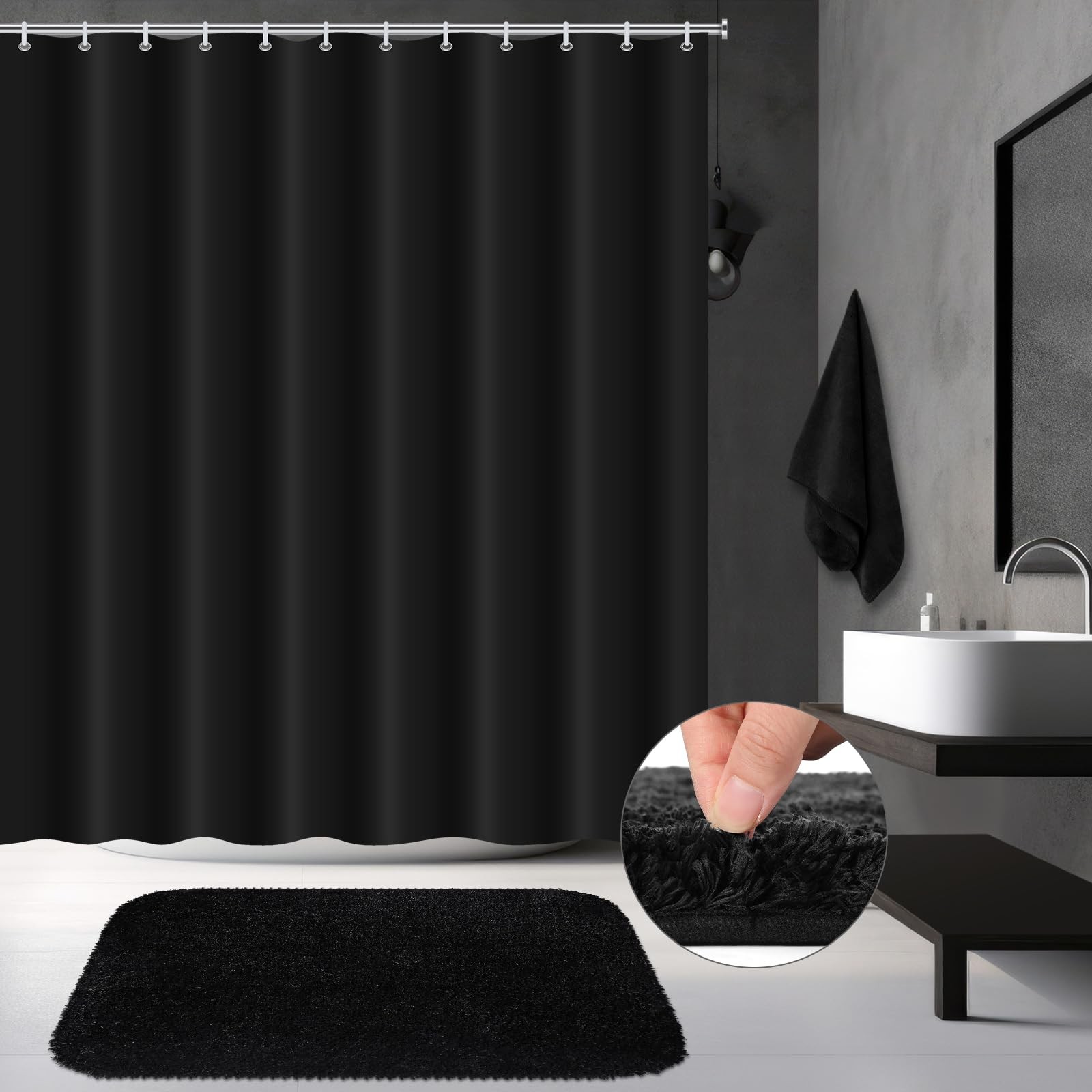 3 PCS Bathroom Curtain Set Shower Rug Towel Waterproof Non Slip Bath Mat Black