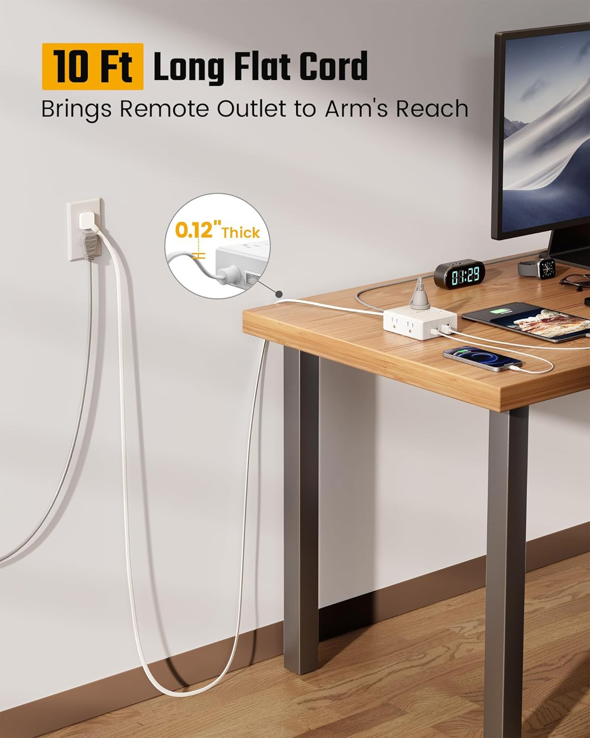 10Ft Extension Cord with Multiple Outlets, Flat Plug Surge Protector Power Strip