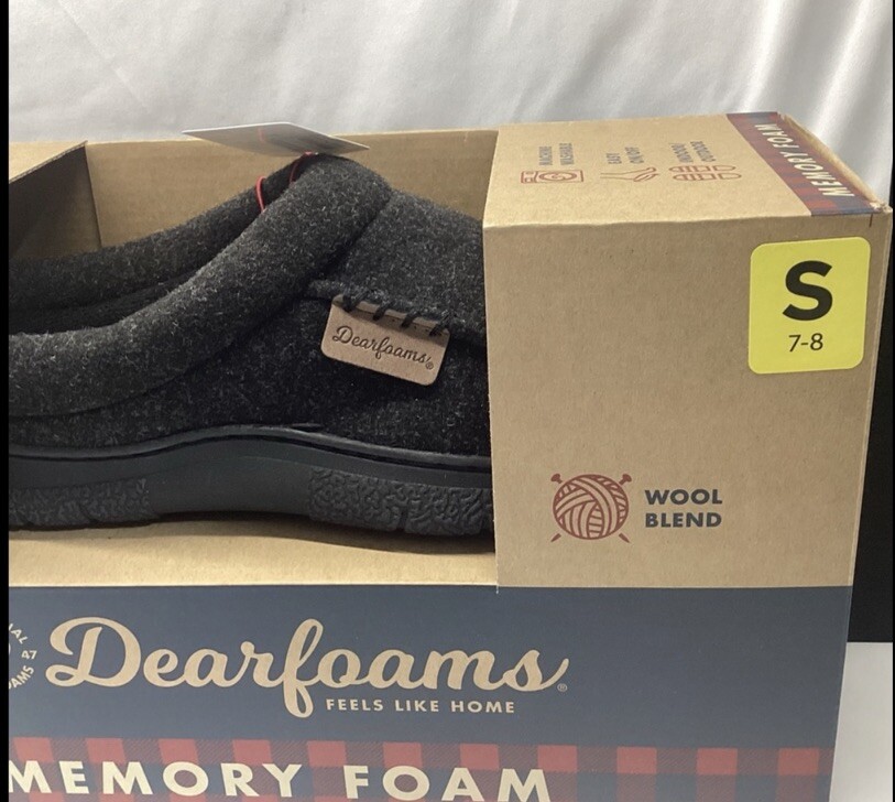 Dearfoams Slippers Men’s Small 7-8 Wool Blend Memory Foam Slip-on Classic Black