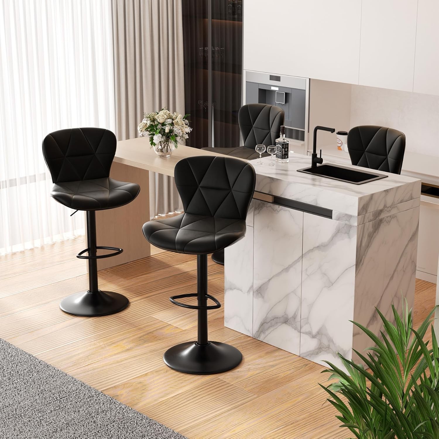 Modern Bar Stools Set of 4, Adjustable Faux Leather Upholstered Swivel Bar