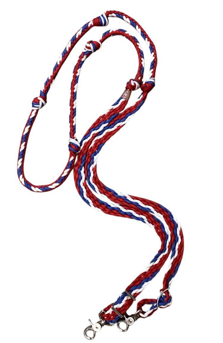 Barrel Reins With Grip Knots Hand Braided Red White And Blue Paracord