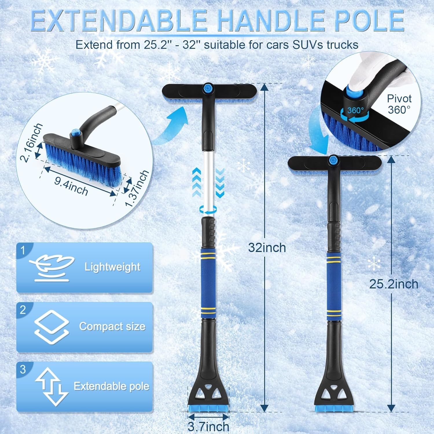 360° Rotating Snow Removal Tool - Heavy-Duty Extendable Ice Scraper for SUVs