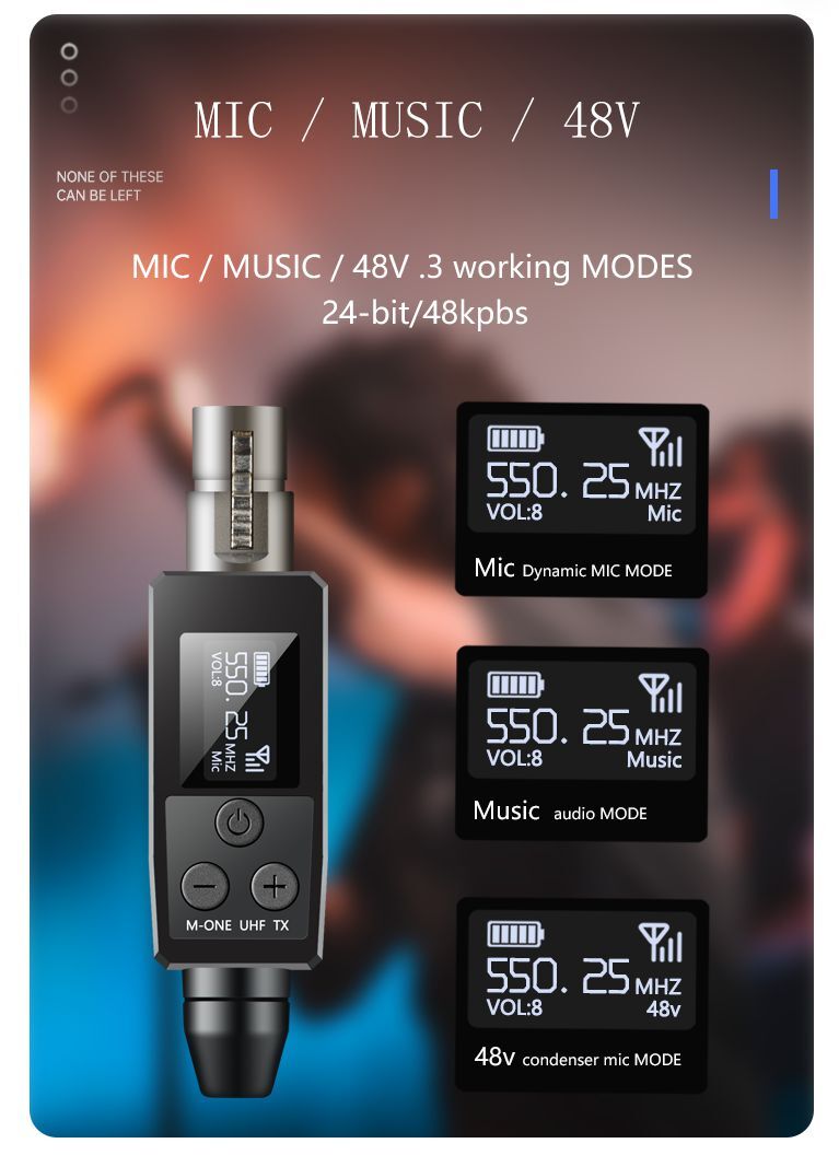 UHF Wireless XLR Transmitter and Receiver Plug-On Wireless Microphone System for