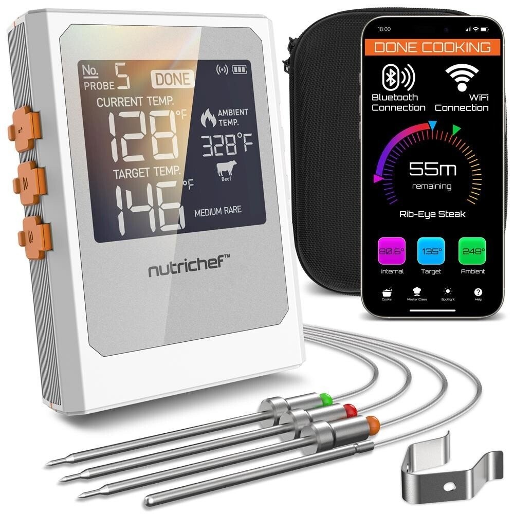 NutriChef Smart BBQ Grill Thermometer-Digital Display, Dual Probes Safe