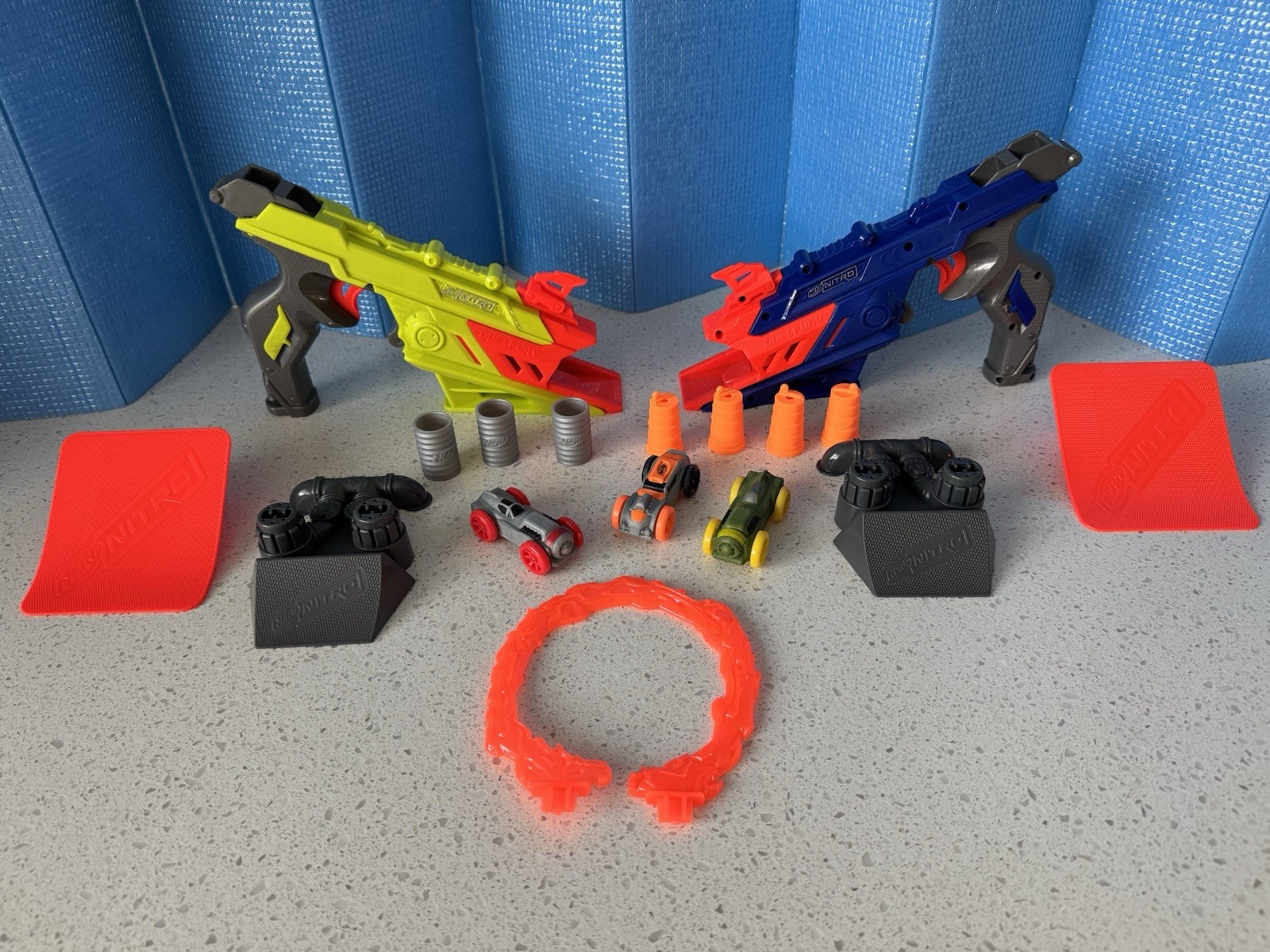 Nerf Nitro DuelFury Demolition 2 Player Set Shooting Cars Ramps Barrels Lot