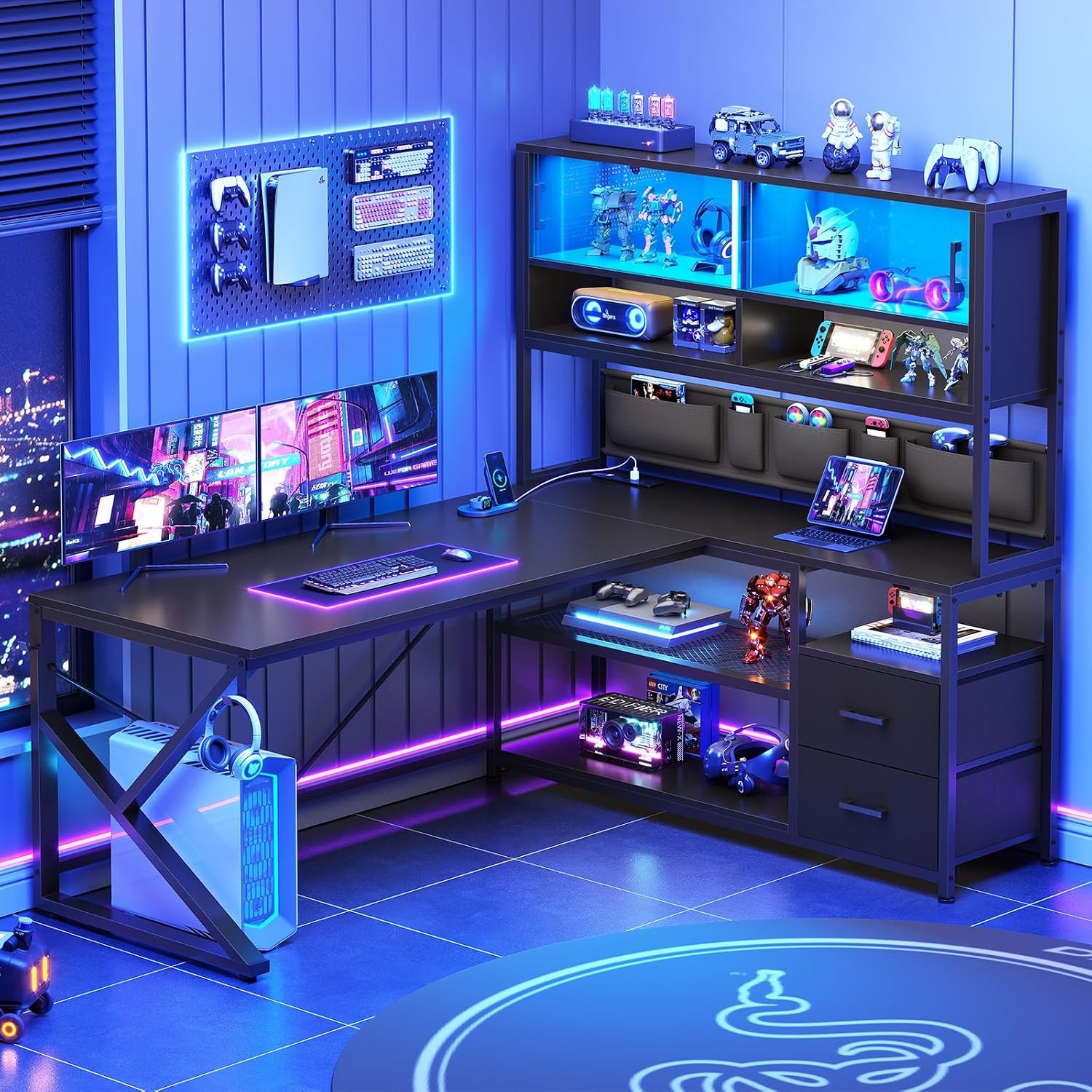 L Shaped Gaming Desk W/ Storage Shelves 2 Drawer LED Light Reversible Corner