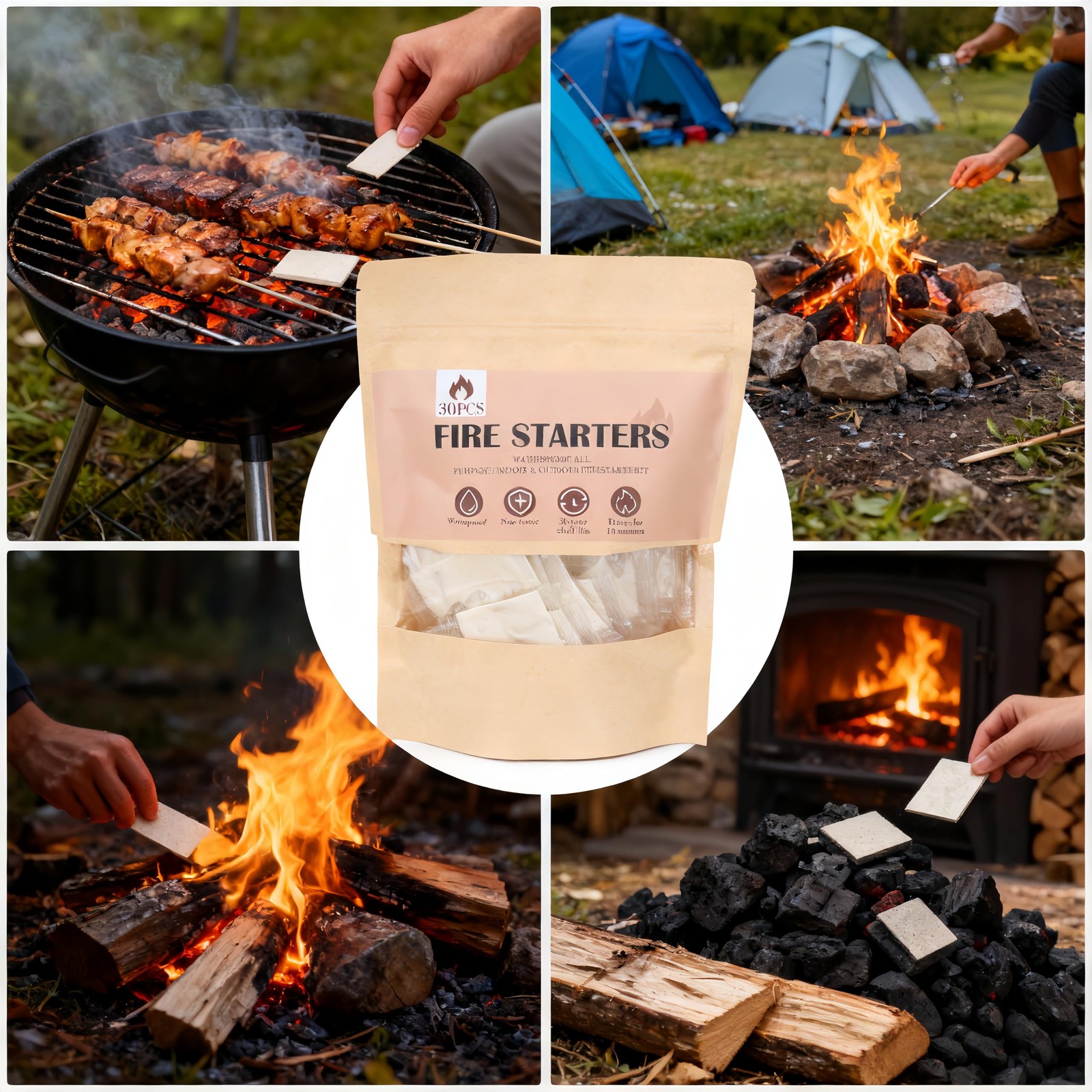 Raneped Waterproof Fire Starters for Campfires & Fireplace 30 Pcs/Bag