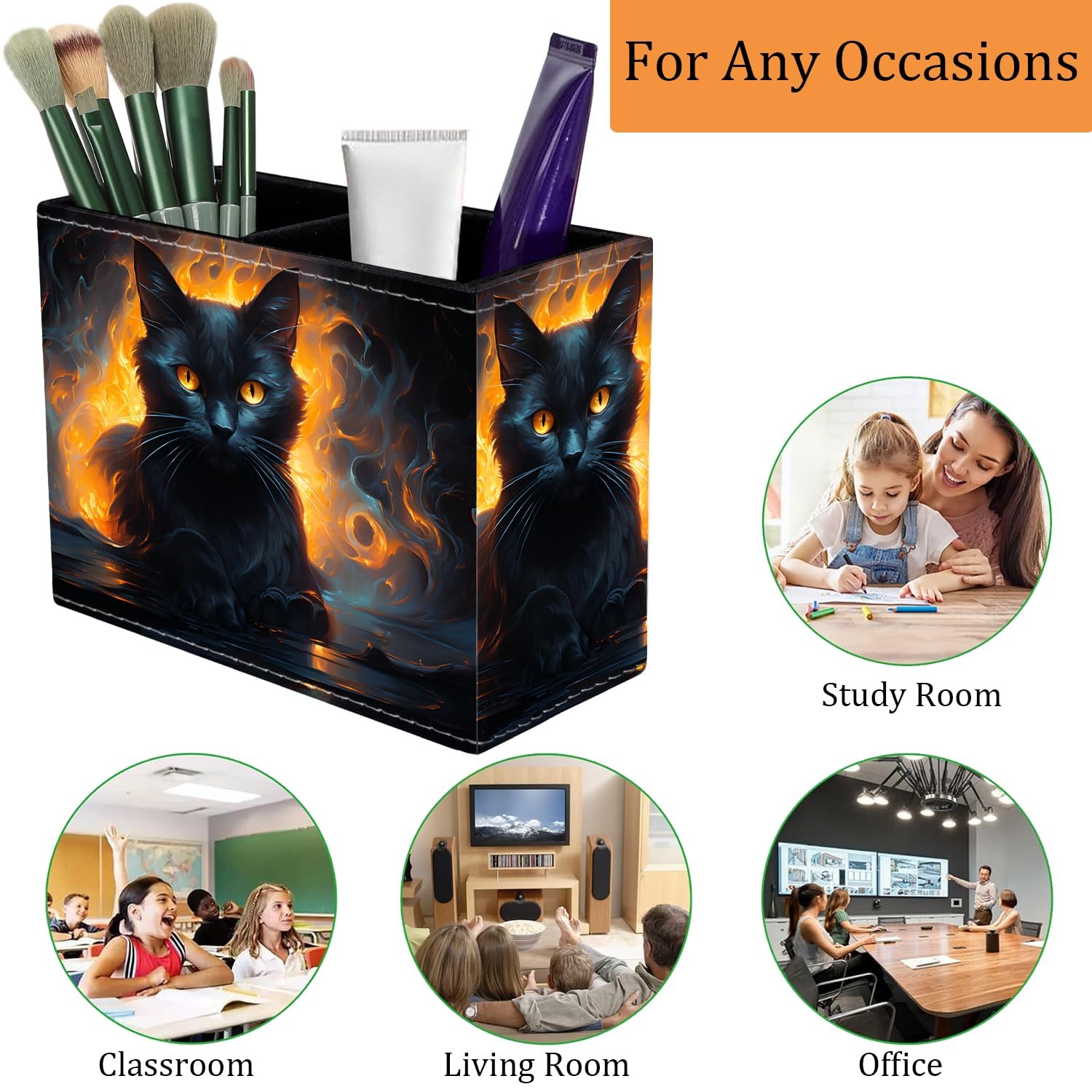 Luminous Black Cat Pencil Holder for Desk, PU Leather Multifunctional Mobile ...