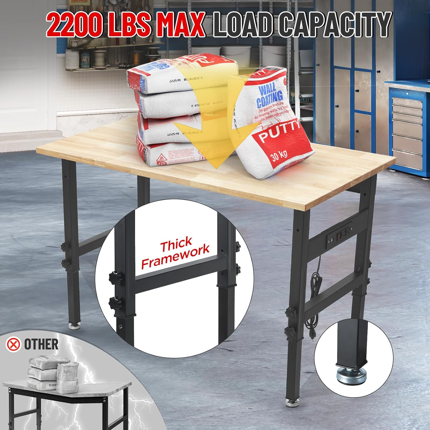 48" Adjustable Work Bench Garage Workbench with Power Outlets, 2200 Lbs Capacity