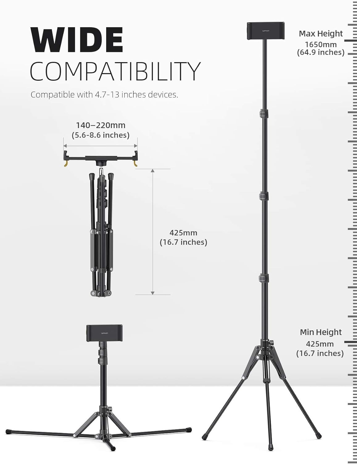 Lamicall Tablet Floor Tripod Stand - 64.9" Tablet Holder Mount Bluetooth Remote