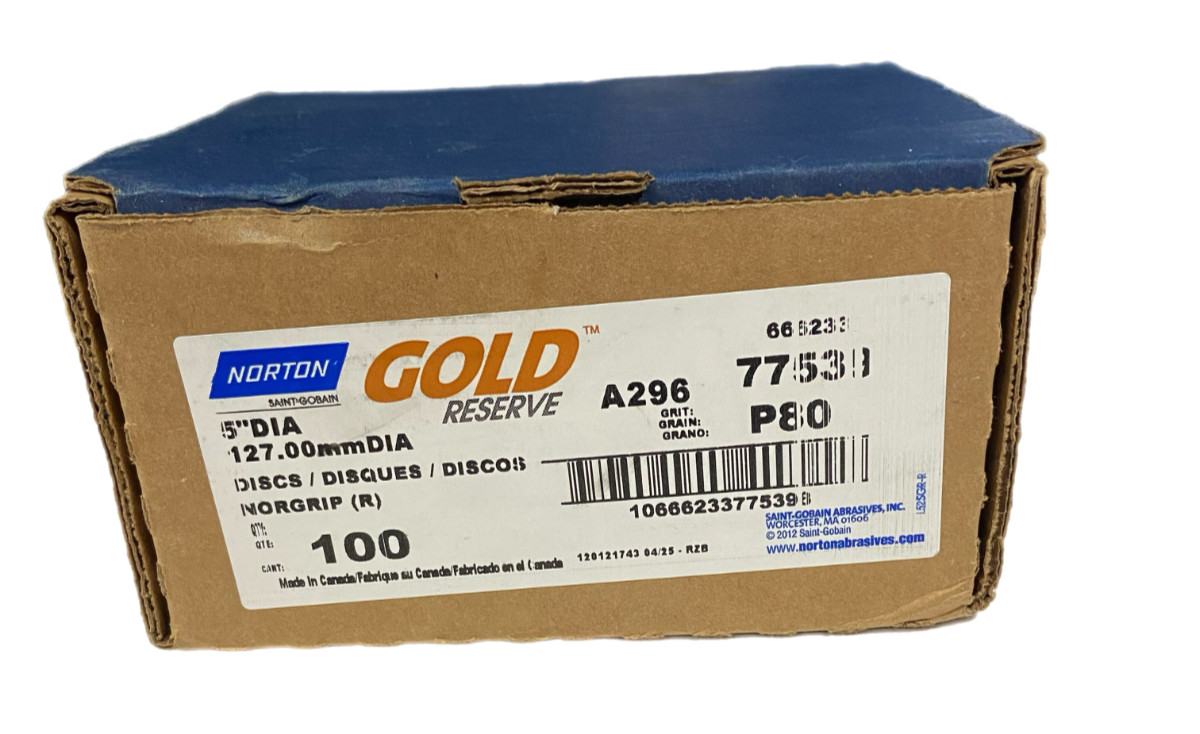 Norton 66623377539 5" Gold Reserve A296 No-Fil Paper H&L Discs P80 Grit 100 pk