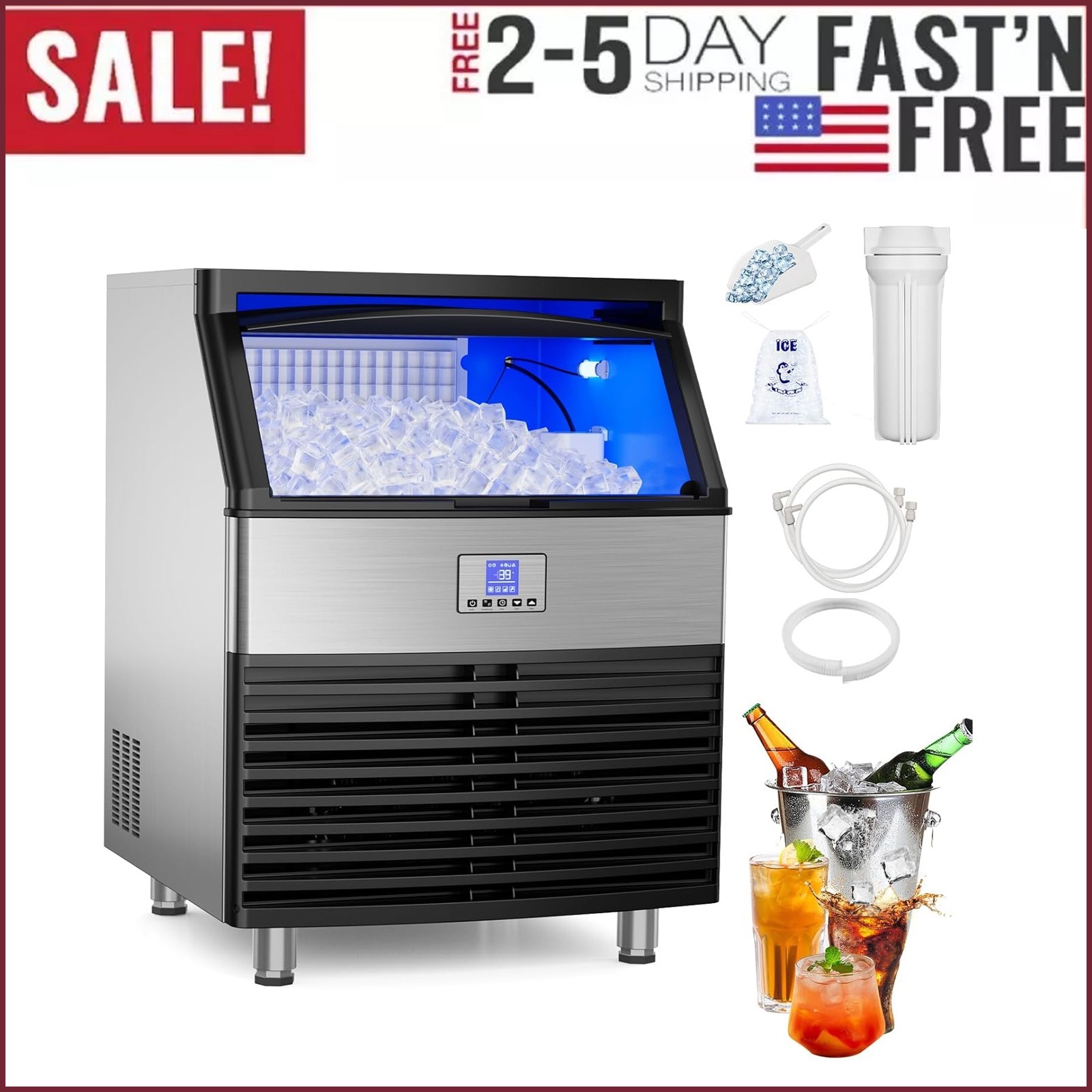 Commercial Ice Maker Machine 450LBS/24H Built-in Ice Maker with 120LBS Storage