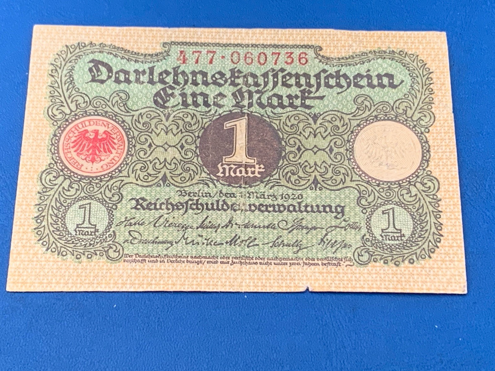 WWI ERA. BERLIN MINT. MARCH 1920, ONE MARK -:- IN NICE CIRCULATED CONDITION.