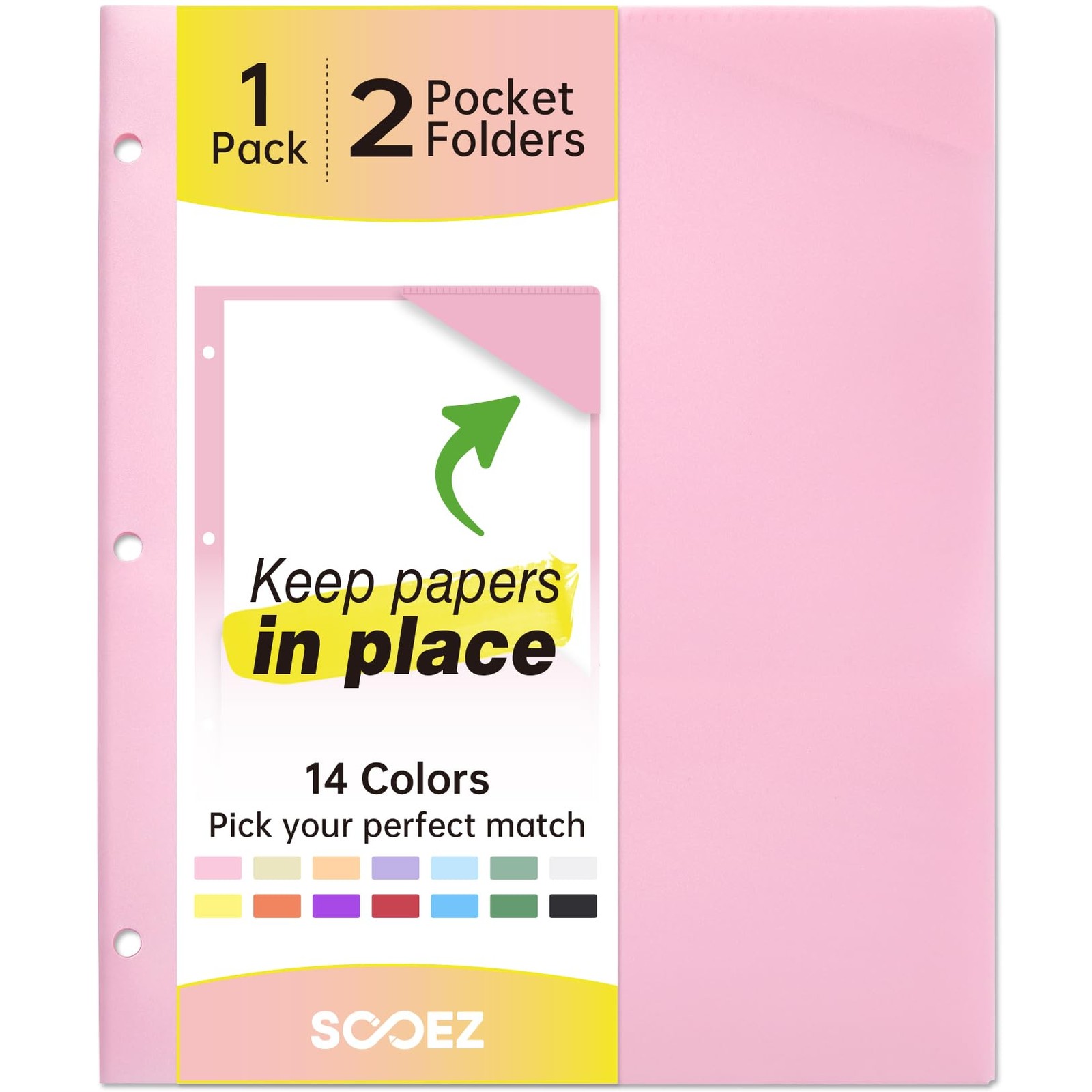 Sooez 2-Pocket Folders, Plastic Folders with Pockets 3 Hole 1 Pack, Pink