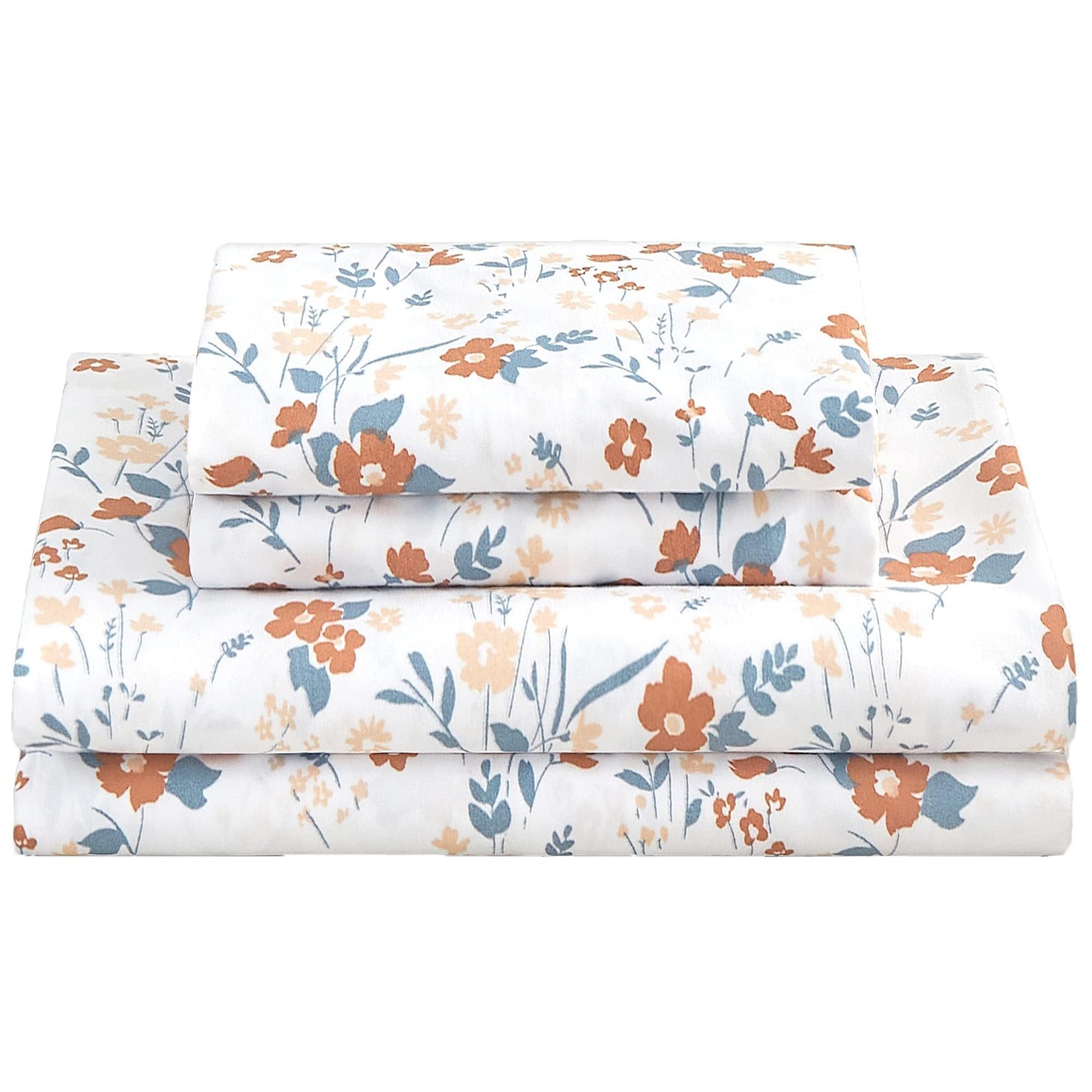 Queen Sheet Set 4pc Floral Microfiber Bedding Deep Pocket 15in Orange Flower