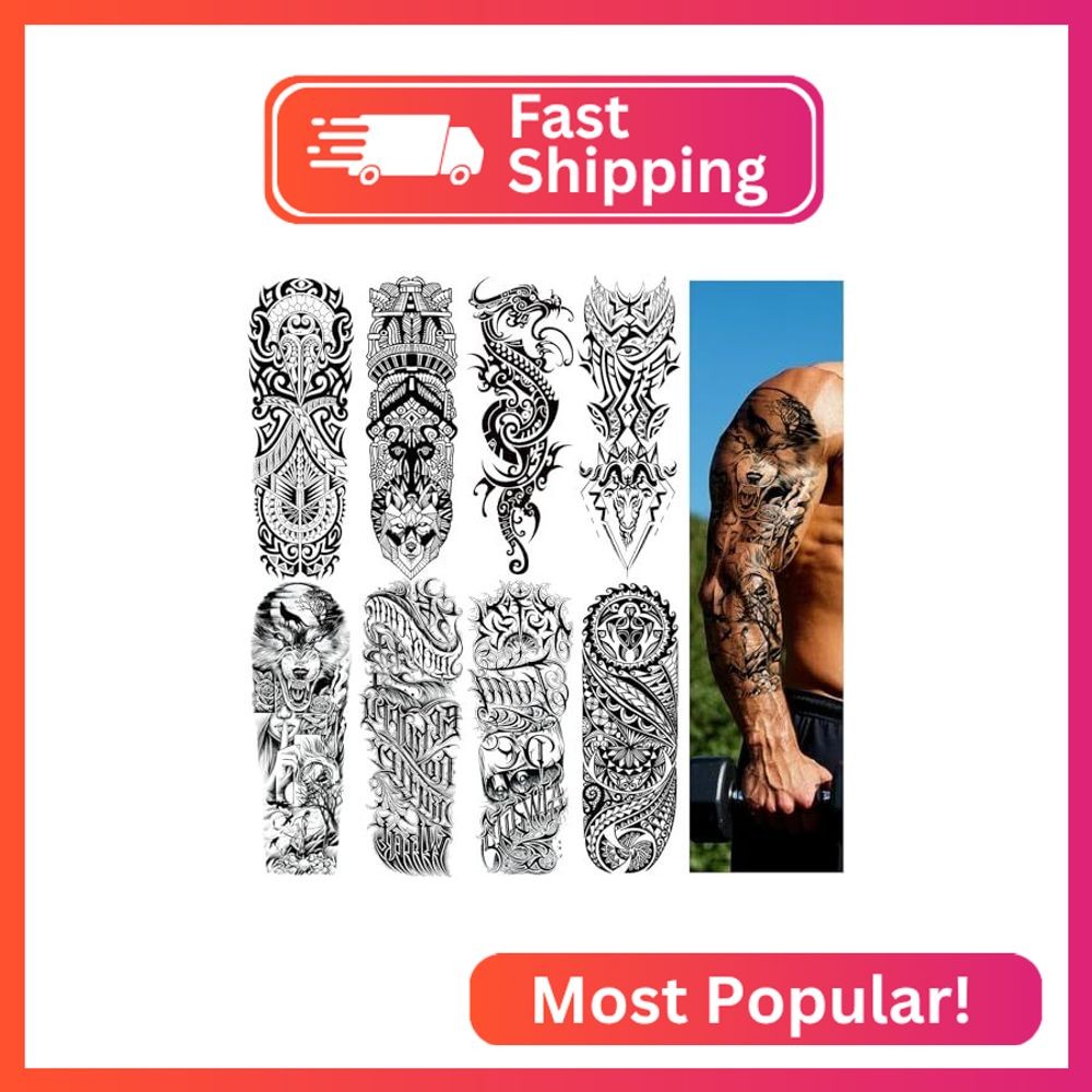 VERKSTAD 8 Sheets Black Full Arm Temporary Tattoos for Men Adults, Temp Millitar