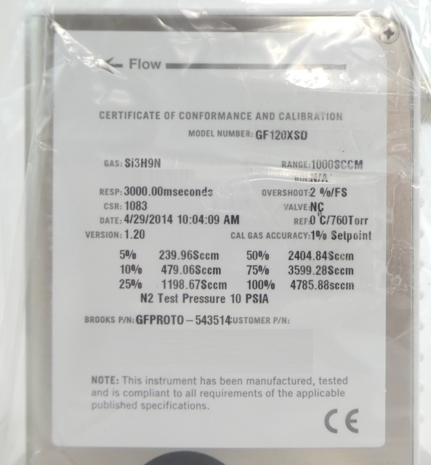 Brooks Instrument GFPROTO-543514 Mass Flow Controller MFC GF120XSD New Surplus