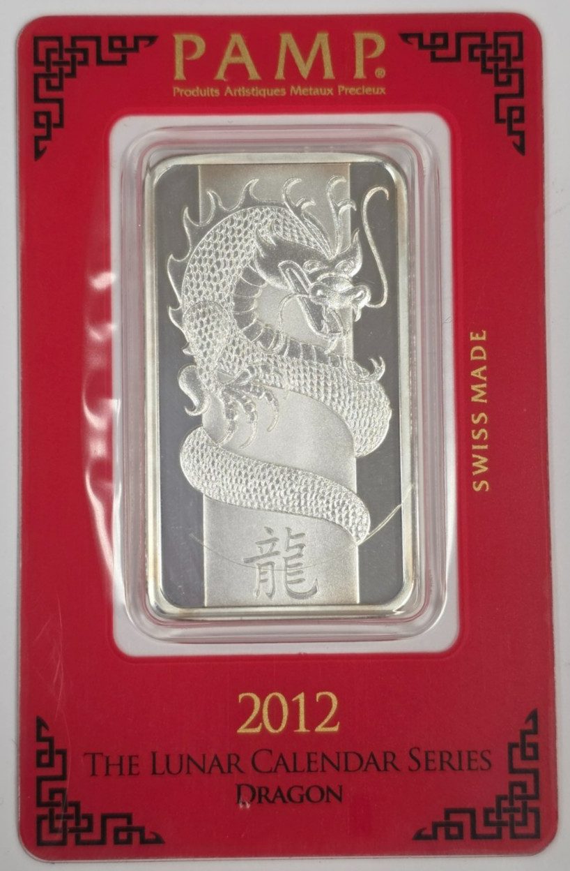 2012 1oz 999 Fine Silver Bar - PAMP Suisse Year of the Dragon (Sealed In Assay)