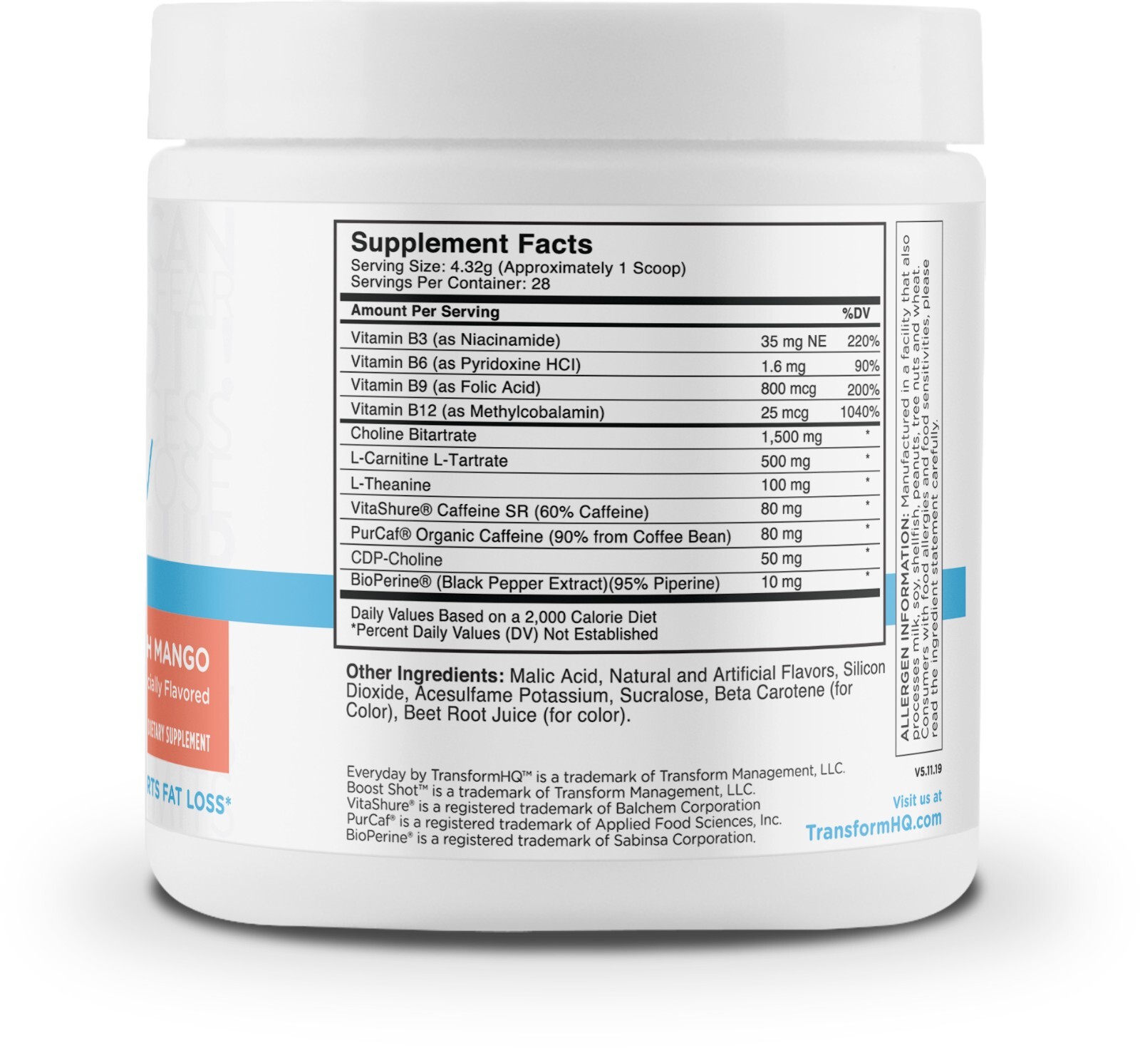 TransformHQ Everyday Boost Shot 28 Servings (Peach Mango) - Non-GMO, Gluten-Free