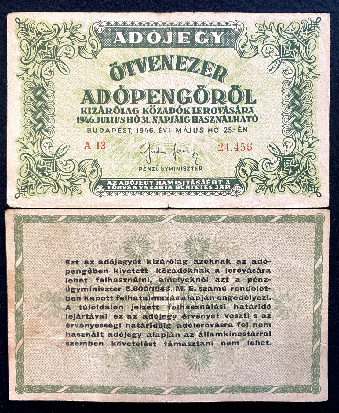 Hungary 50000 ADOPENGO 1946 P138 Circulated (F) Banknote With Serial Number