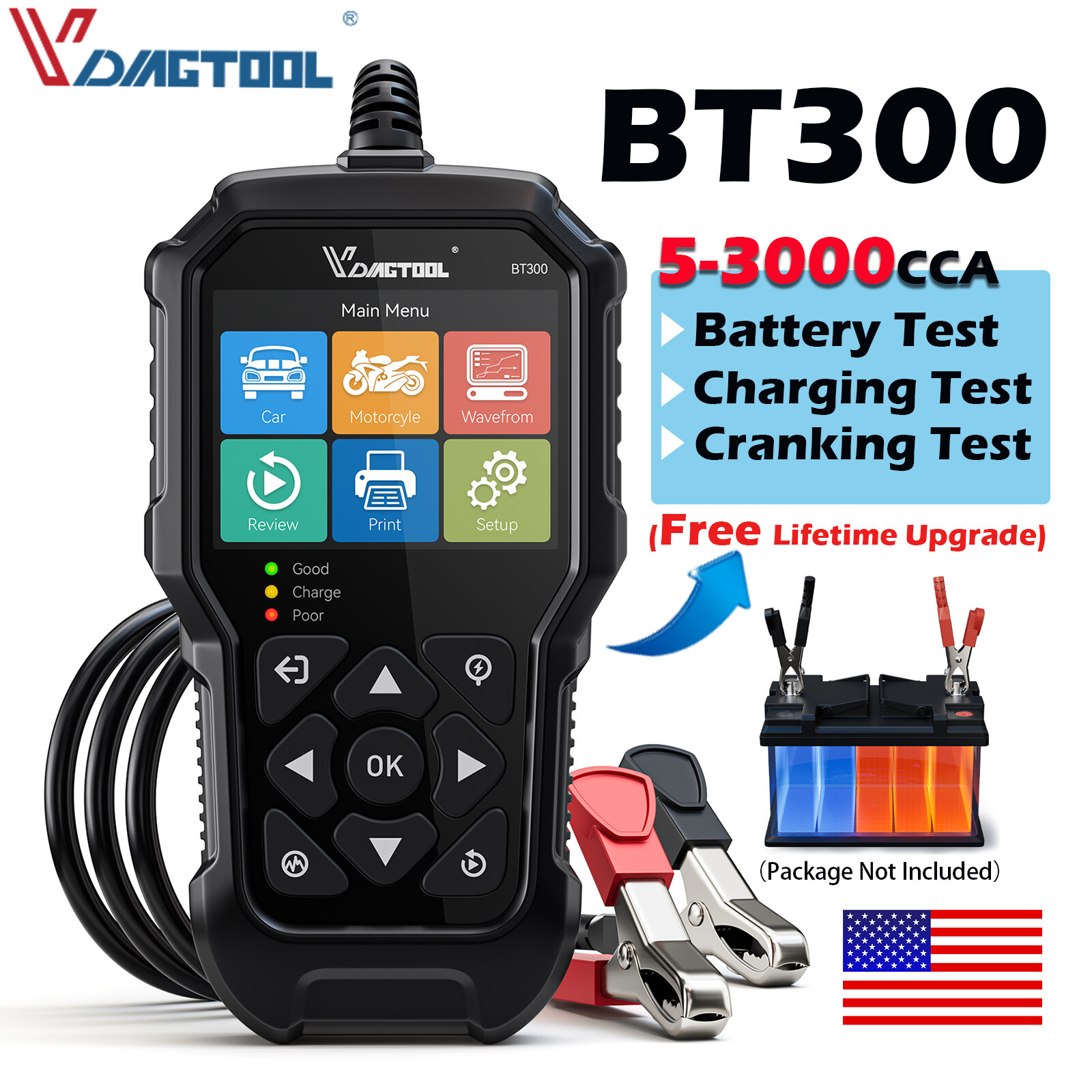 VDIAGTOOL BT300 6/12V Car Battery Load Tester Analyzer Alternator Tester 3000CCA