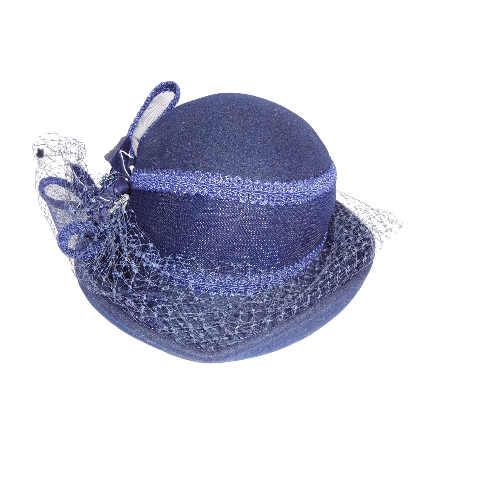 Navy Blue Pillbox Hat Vintage Style Church Wedding Fascinator Floral Mesh Veil