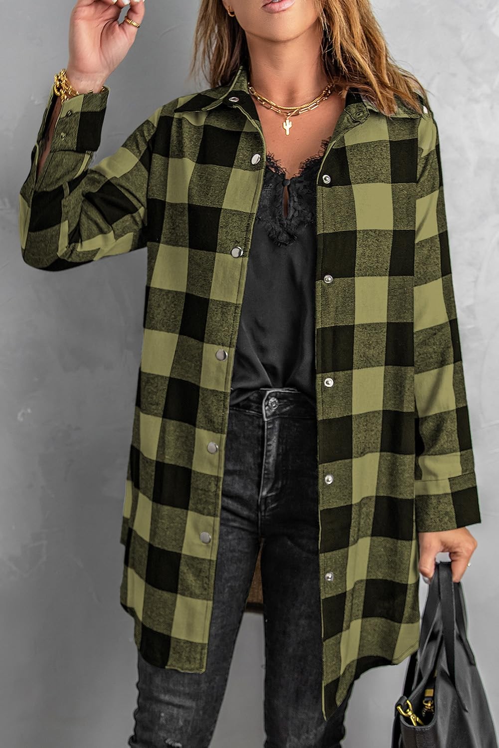 Womens Color Block Plaid Shacket Jacket, Long Sleeve Button Down Fall Top