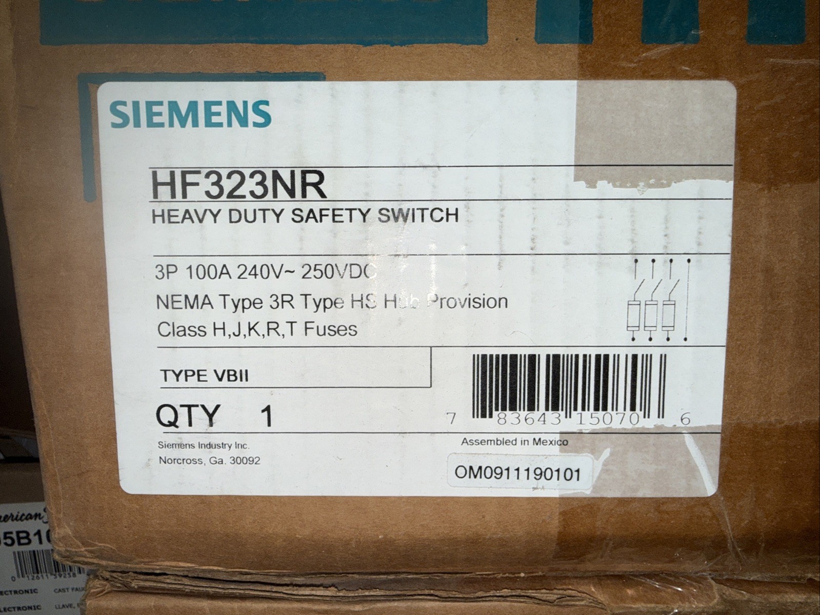Siemens HF323NR Disconnect 100 Amp 240 Volt 3P4W Fusible Nema 3R